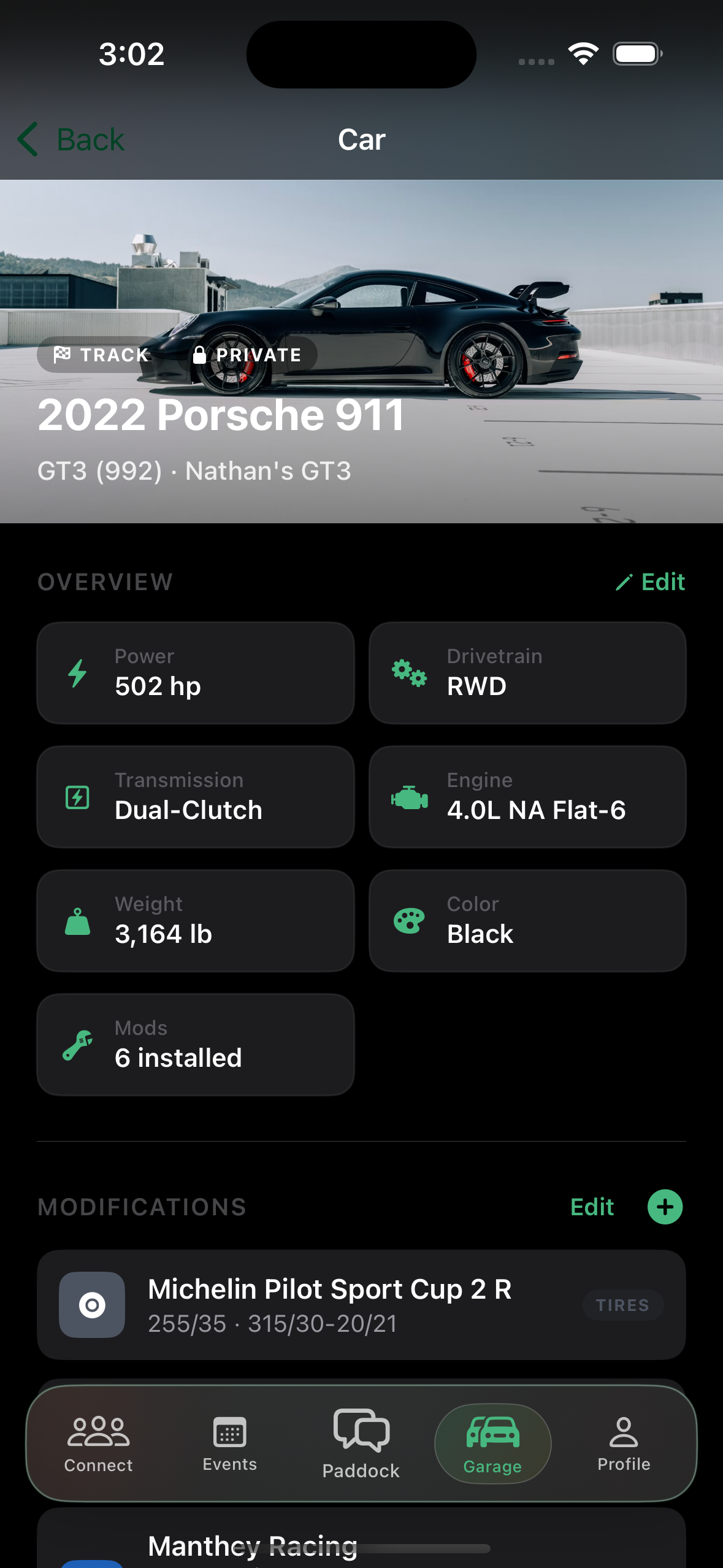 Porsche 911 detail screen with specs and modifications
